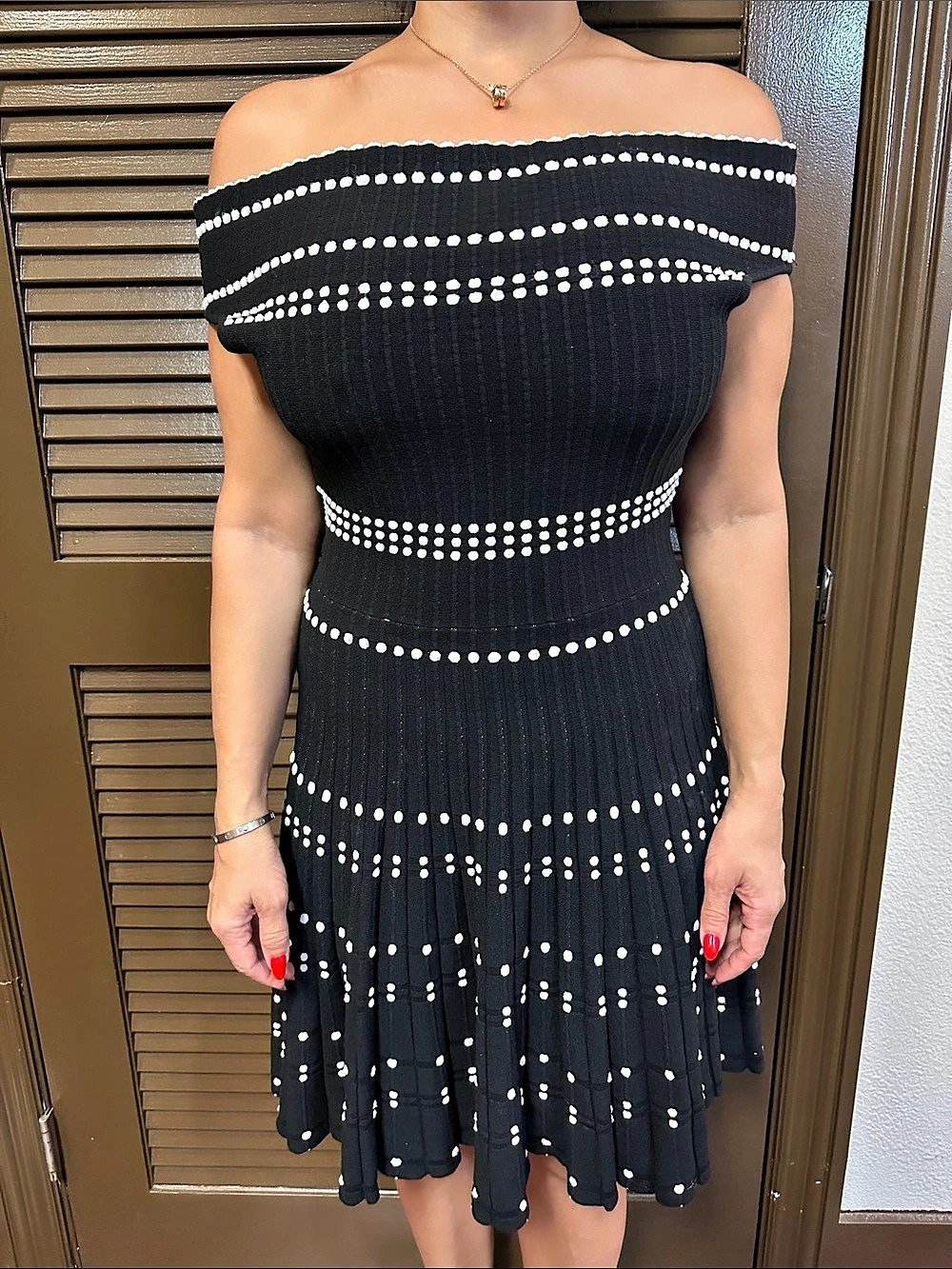 adelyn rae Polka Dot Off Shoulder Mini Dress in Black & White Size Medium